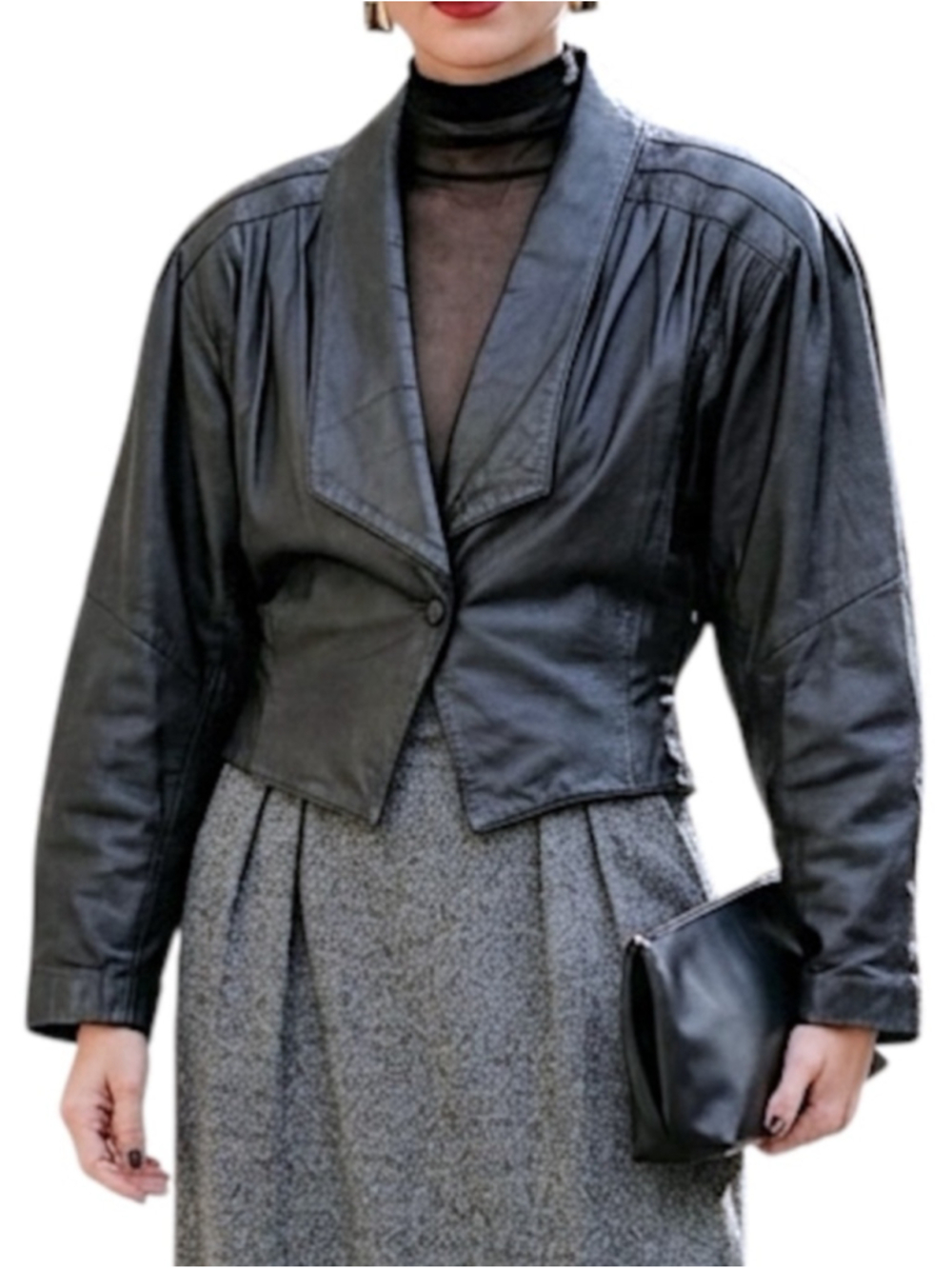VTG 80s black leather power shoulder cropped hourglass batwing jacket blazer M